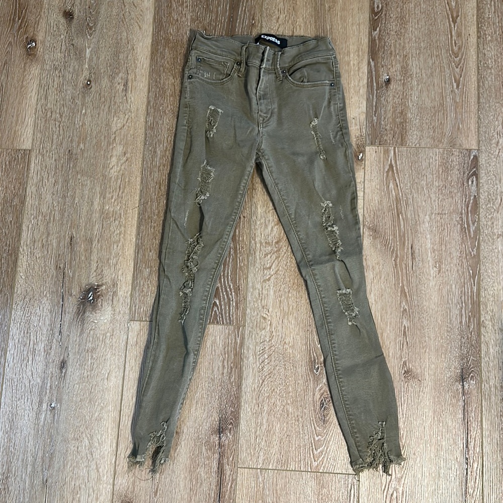 Distressed, olive color, Express jeans